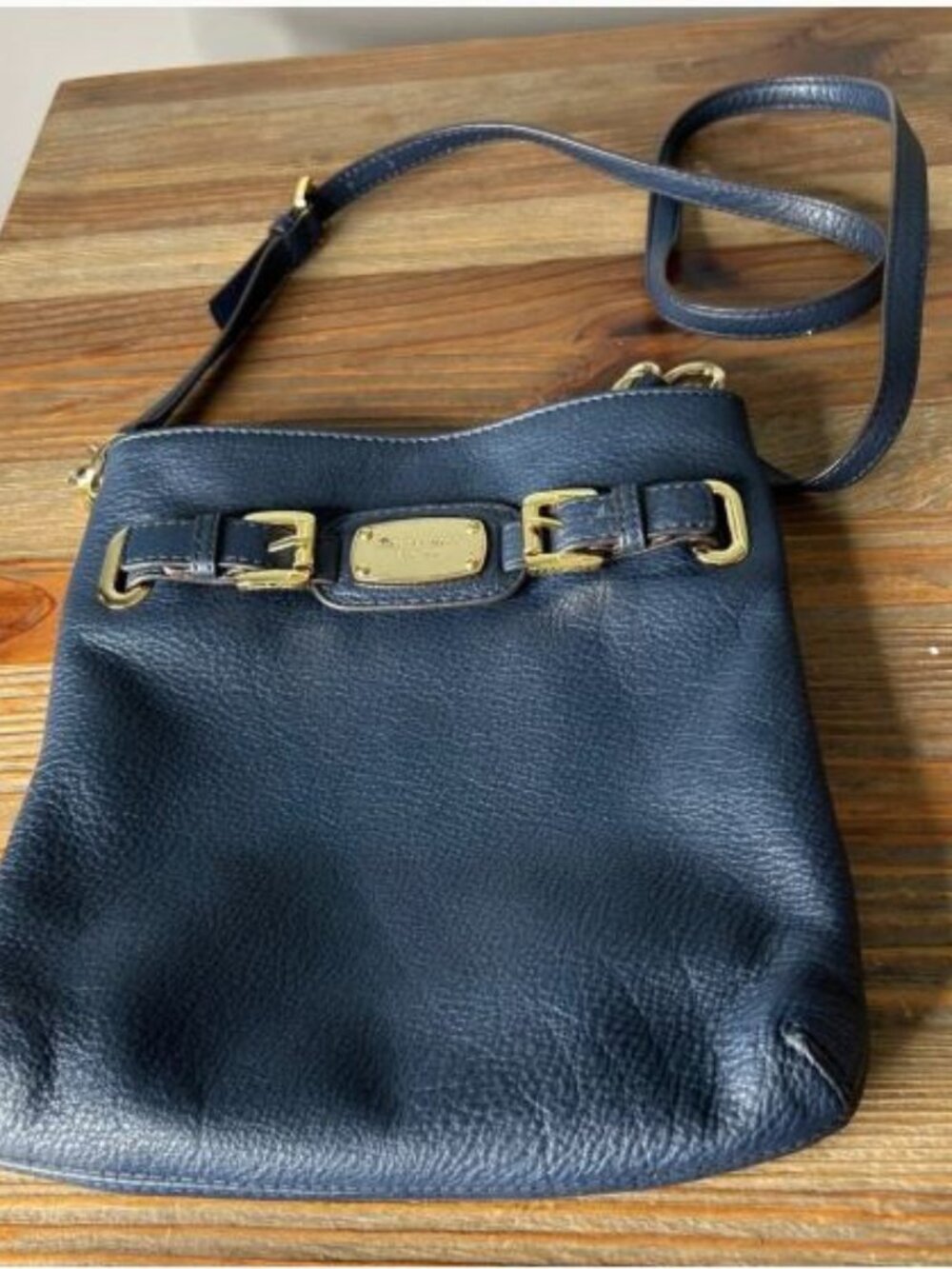 Michael‎ Michael Kors Blue Hamilton Pebbled Leather Crossbody Bag Gold